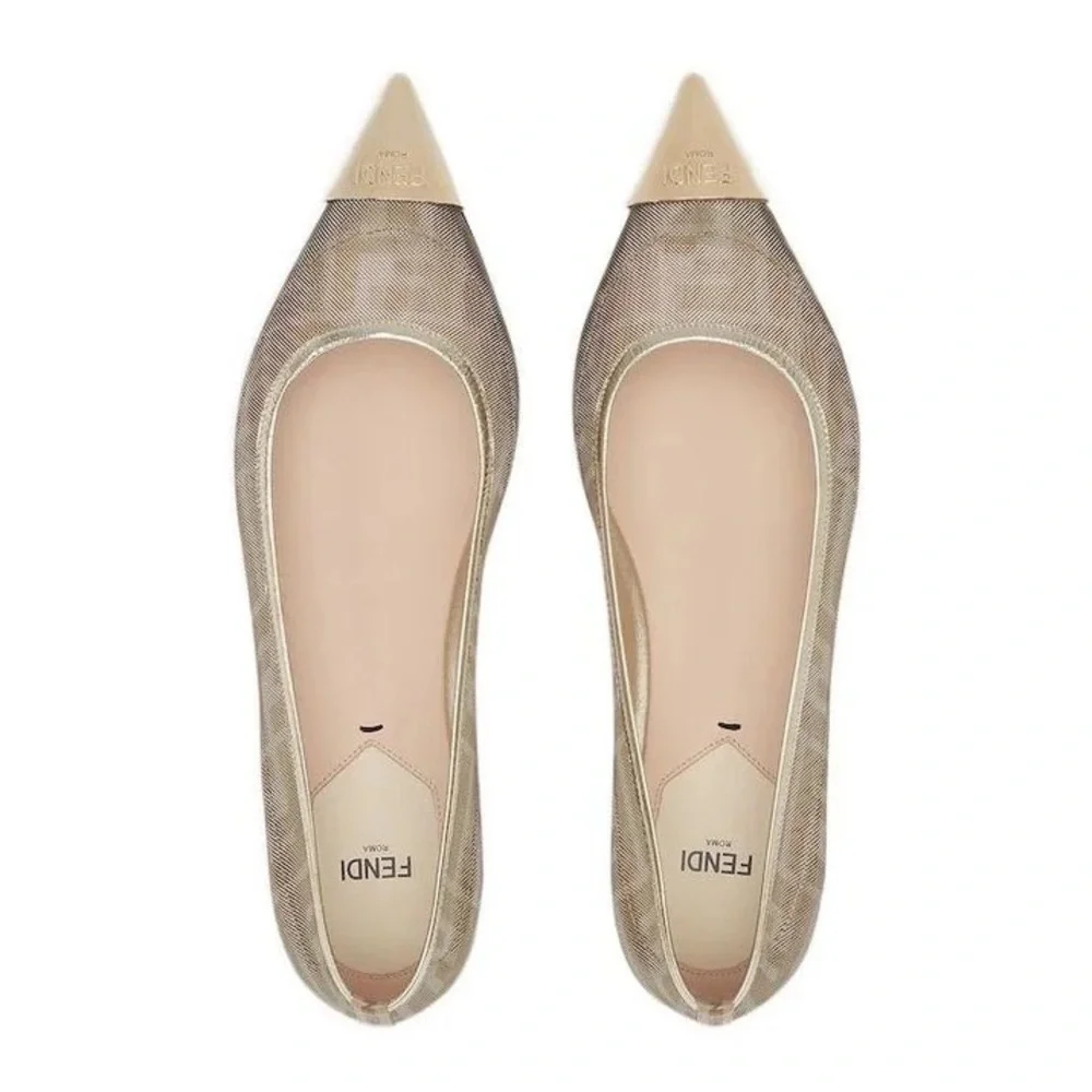 FENDI Colibri Ballerina FF Logo Mesh Pointed Cap Toe Ballet Flats Shoes